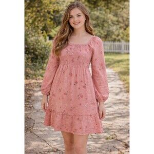 Old Navy Sz XXL 18 Girls Dress Pink Floral Long Sleeve Square Neck Off Shoulder